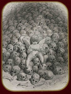 Cupido armato di una pistola seduto su una montagna di teschi da Gustave Dore