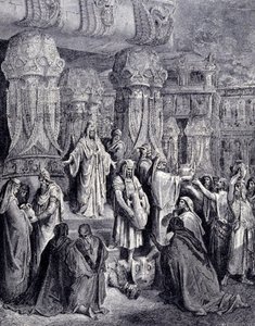 Ciro II il Grande (580 a.C. - 530 a.C.) liberò i popoli prigionieri al suo arrivo a Babilonia nel 539 a.C. e restituì al popolo ebraico i vasi sacri che erano stati presi come bottino nel tempio di Gerusalemme. Incisione di Gustave Doré. da Gustave Dore