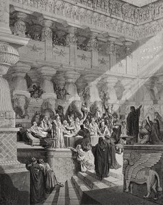 Daniele interpreta la scritta sul muro, Daniele 5:25-28, illustrazione da 