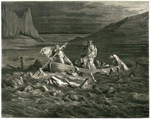 Dante e Virgilio navigano, guidati dal Nocchiero Flegias, sullo Stige in cui i dannati stanno guadando, che cercano di salire sulla barca. Incisione da L