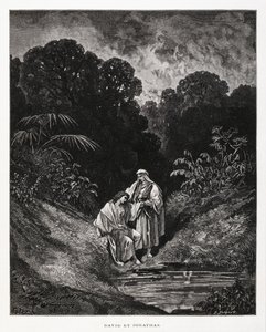 Davide e Gionata, figure eroiche del Regno di Israele, che formarono un patto di amicizia registrato nei libri di Samuele, Illustrazione dalla Bibbia di Doré da Gustave Dore