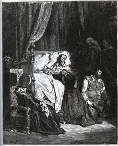 Morte di Don Chisciotte [Circondato da sua nipote, la sua governante, Sancho Panza, il parroco, il barbiere e il baccelliere Sansone Carrasco - da "Don Chisciotte della Mancia" di Miguel Cervantes (1547-1616) - xilografia dopo disegno di Gustave Doré da Gustave Dore
