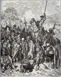 Don Chisciotte e Sancho con lo squadrone dei villani raglianti - da Don Chisciotte della Mancia di Miguel Cervantes (1547-1616) - xilografia su disegno di Gustave Doré