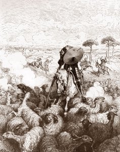 Don Chisciotte attacca il gregge di pecore. Incisione di Gustave Doré per 