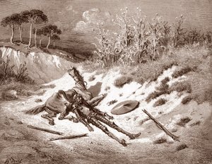 Don Chisciotte dopo la sua battaglia, chiama la sua dama ideale Dulcinea del Toboso. Incisione di Gustave Doré per 
