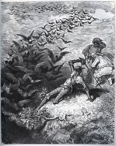 Don Chisciotte nella caverna di Montesinos - Un numero infinito di corvi e cornacchie vola fuori dalla caverna di Montesinos, abbattendo Don Chisciotte (II, 22) - da 