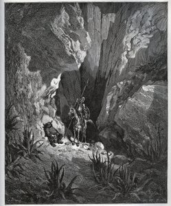 Don Chisciotte e Sancho Panza trovano le cose di un viaggiatore - da Don Chisciotte della Mancia di Miguel Cervantes (1547-1616) - xilografia su disegno di Gustave Doré da Gustave Dore