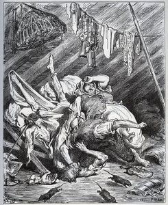 Don Chisciotte e un mulattiere che combattono per Maritornes, la governante, che Don Chisciotte scambia per la sua Dulcinea - da Don Chisciotte della Mancia di Miguel Cervantes (1547-1616) - xilografia su disegno di Gustave Doré