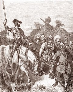 Don Chisciotte e Sancho Panza interrogano i criminali condotti alle galere. Incisione di Gustave Doré per 
