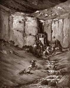 Don Chisciotte e Sancho Panza vedono una cascata e casupole rumorose (Don Chisciotte e Sancho Panza vedono una cascata e casupole rumorose) Incisione di Gustave Doré (1832-1883) per 
