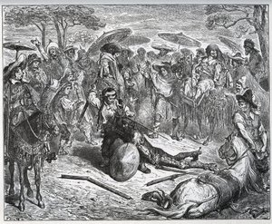 Don Chisciotte battuto in mezzo a un gruppo di mercanti - Il mulattiere aveva preso gusto al gioco - da "Don Chisciotte della Mancia" di Miguel Cervantes da Gustave Dore