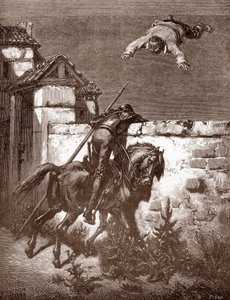 Don Chisciotte non riesce a fermare i lanciatori di Sancho Panza che lo fanno rimbalzare su una coperta (incisione di Gustave Doré per 