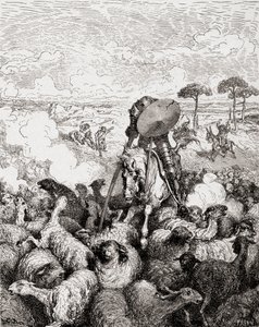 Don Chisciotte combatte il gregge di pecore, da Die Gartenlaube, pub. 1905 da Gustave Dore