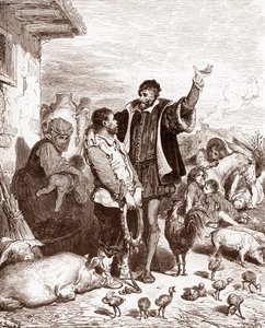 Don Chisciotte persuade il suo vicino Sancho Panza a diventare il suo scudiero promettendogli di farlo governatore di qualche isola conquistata Incisione di Gustave Doré (1832-1883) per 