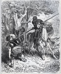 Don Chisciotte prende le parti del giovane valletto - "Per il sole che ci illumina, non so chi mi trattiene dal passare la mia lama attraverso il corpo" - da "Don Chisciotte della Mancia" di Miguel Cervantes (1547-1616) - xilografia dopo disegno di Gustave
