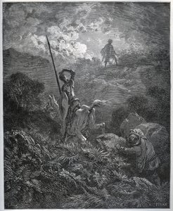 Prima apparizione della Deguenille-de-la-Malaise-Mine - da "Don Chisciotte della Mancia" di Miguel Cervantes (1547-1616) - xilografia dopo disegno di Gustave Doré.