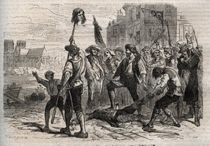 Rivoluzione francese: Morte di Jacques de Flesselles, amministratore francese, prevosto dei mercanti a Parigi il 14 luglio 1789 da Gustave Dore