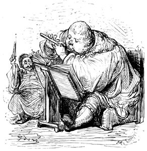 Educazione di Gargantua: il giovane gentiluomo impara a suonare il flauto con il suo insegnante di musica. Incisione di Gustave Doré che illustra l
