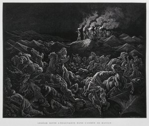 Gedeone attacca i Madianiti di notte, Illustrazione dalla Bibbia di Doré da Gustave Dore