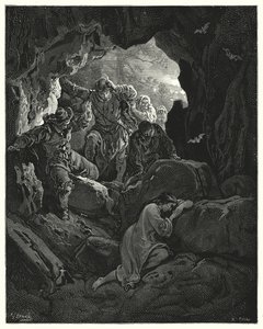 Don Chisciotte di Gustave Doré: "Un gruppo con ufficiali viene inviato ... che trova la povera Leandra in una grotta di una delle montagne" da Gustave Dore