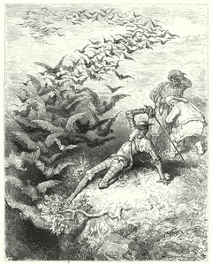 Don Chisciotte di Gustave Doré: "Un numero infinito di corvi e cornacchie sovradimensionati uscì di corsa e svolazzando dalla grotta" da Gustave Dore