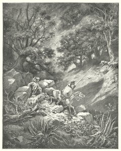 Ma prego, signore," disse Sancho, "è una buona legge della cavalleria che dice che dobbiamo vagare su e giù, tra cespugli e rovi, in questo deserto roccioso?" da Gustave Dore