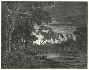 Don Chisciotte di Gustave Doré: "Don Chisciotte, accompagnato dal suo intrepido cuore, saltò su Rozinante" da Gustave Dore