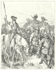 Don Chisciotte chiese al primo per quali crimini si trovasse in queste miserabili circostanze (incisione) da Gustave Dore