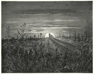 Don Chisciotte di Gustave Doré: "Amico Sancio," disse Don Chisciotte, "vedo che la notte che si avvicina ci raggiungerà prima che possiamo arrivare a Toboso" da Gustave Dore
