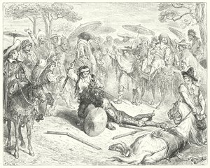 Don Chisciotte di Gustave Doré: "Nonostante le sue armi, lo batté come un covone di grano" (incisione)