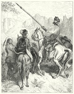Don Chisciotte di Gustave Doré: "Ora, signora," disse Don Chisciotte, "lasciate che vi preghi di dirmi quale strada dobbiamo prendere, per servirvi"