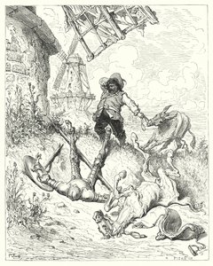 Don Chisciotte di Gustave Doré: "Sancho correva più veloce che poteva il suo asino, per aiutare il suo padrone" (incisione) da Gustave Dore