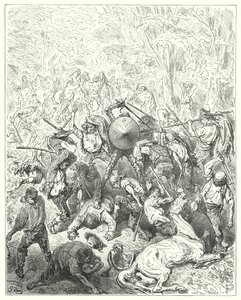 Don Chisciotte di Gustave Doré: "Gli Yanguesi si misero ai loro leve e bastoni da soma"