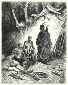 Gli scudieri lasciarono Don Chisciotte, Roque e Sancho ad aspettare il loro ritorno da Gustave Dore