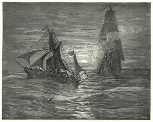 Don Chisciotte di Gustave Doré: "Essendo sottovento, ci spararono due colpi di cannone" da Gustave Dore