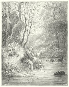 Don Chisciotte di Gustave Doré: "Videro un giovane in abito campagnolo, seduto ai piedi di una roccia dietro un frassino" da Gustave Dore