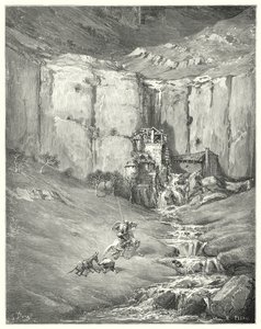 Don Chisciotte di Gustave Doré: "Quando si avvicinarono, anche il paziente Rozinante stesso si spaventò al terribile suono" (incisione)