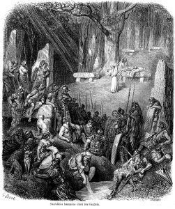 Sacrificio umano tra i Galli - druidi, dolmen, menhir - incisione di Gustave Doré in 