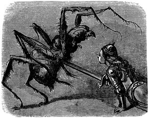 Illustrazione di Gustave Doré (1832-1883) per il libro di Ernest Lepine "La leggenda di Croquemitaine" (1863) - Davanti a questa immagine di combattimento con la spada contro un gigantesco ragno, non si può fare a meno di pensare alla battaglia di Frodo e  da Gustave Dore