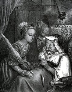 Illustrazione di Gustave Doré per una fiaba di Charles Perrault: La bella addormentata. La principessa si pungerà con il fuso di una vecchia che fugge. da Gustave Dore