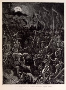 Illustrazione di cavalieri in battaglia durante una serata al chiaro di luna