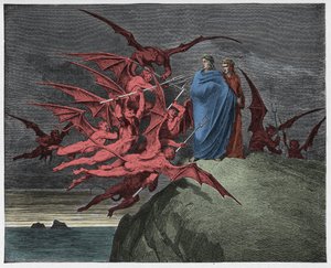 Inferno, Canto 21: I demoni minacciano Virgilio, illustrazione da "La Divina Commedia" di Dante Alighieri, 1885
