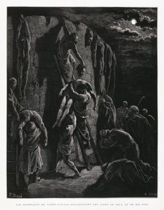 Gli abitanti di Jabesh recuperano i corpi di Saul e dei suoi figli, Illustrazione dalla Bibbia di Doré