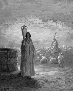 Giacobbe, che custodisce i greggi di Labano, vede Rachele al pozzo. Genesi 29. Da La Bibbia illustrata di Gustave Doré 1866. Incisione su legno da Gustave Dore