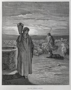 Giacobbe vede Rachele al pozzo della casa di Labano, Illustrazione dalla Bibbia di Doré da Gustave Dore