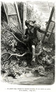 Jacquemin Lampourde, con la pistola in mano, arrivò a un punto della battaglia. Incisione di Gustave Doré che illustra il romanzo picaresco di cappa e spada di Théophile Gautier "Il capitano Fracassa", edizione Charpentier 1863 da Gustave Dore