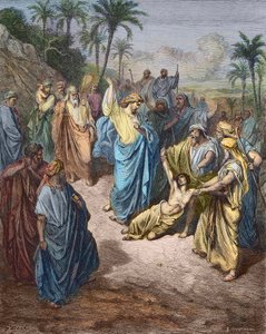 Gesù Cristo guarisce un giovane posseduto dal demonio - Gesù guarisce il lunatico - Incisione a colori su disegno di Gustave Doré da Gustave Dore