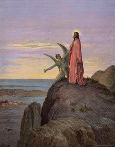 Gesù nel deserto, sottoposto alla tentazione del diavolo - La tentazione di Cristo - Satana tentò Gesù - incisione di Gustave Doré - colorazione successiva da Gustave Dore