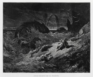 Giona espulso sulla terraferma dalla balena, illustrazione dalla Bibbia di Doré da Gustave Dore