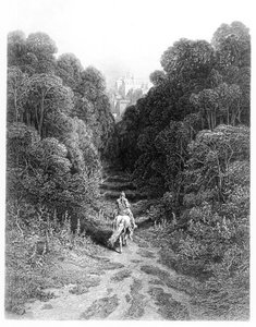 Lancillotto si avvicina al Castello di Astolat, illustrazione da 